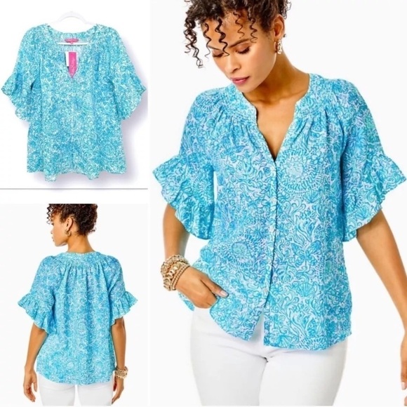 $118 Lilly Pulitzer Tayla Short Sleeve Linen Top Took Me By Sunrise XXSMALL - Picture 3 of 6
